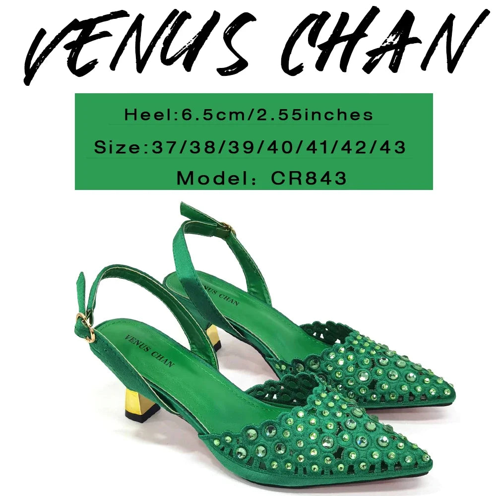 Venus Chan 2024 Latest High Heel Gold Color Atmospheric Luxury Pattern With Rhinestones Party Ladies Shoes And Bag Set