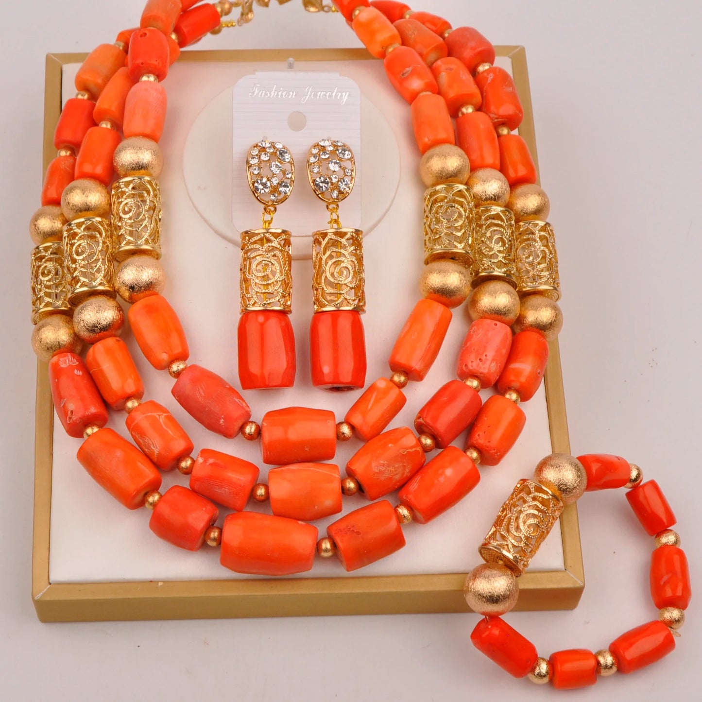 Natural coral beads orange necklace set for stylish Nigerian wedding couple African jewelry