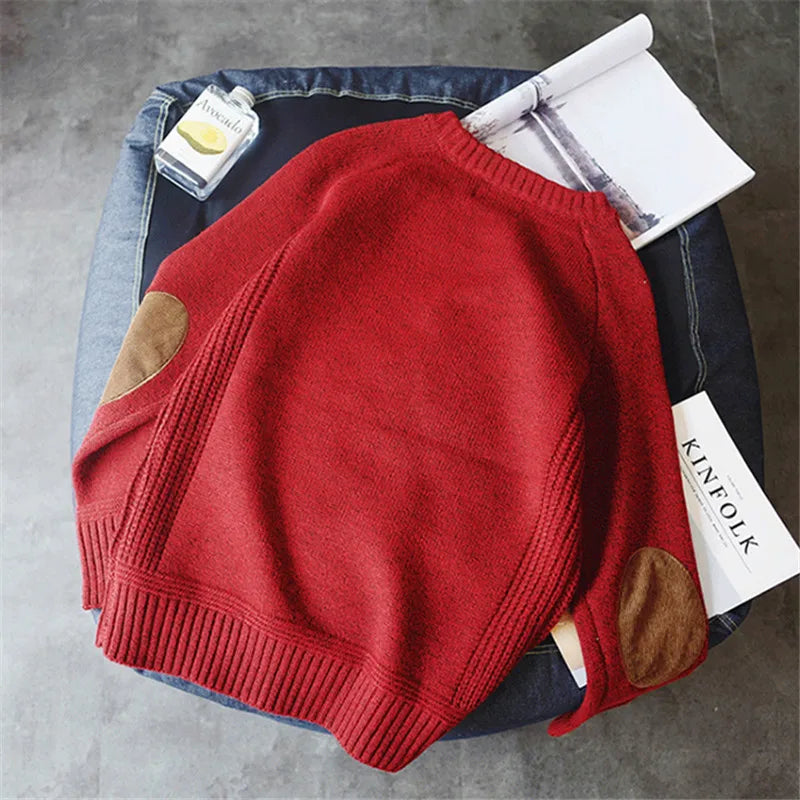 Men’s Thick Knit Sweater with Elbow Patches – Casual Oversized Pullover, Autumn Winter Crew Neck Knitwear (M–5XL)