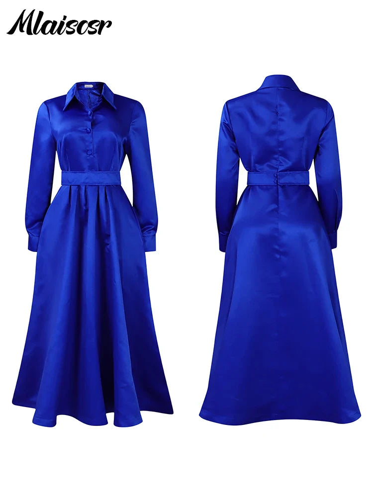 Mlaiscsr Lapel Button A Lint Khaki Mid Dress Women Elegant Office Long Sleeve Bandage Pocket Pleated Birthday Commuter Vestidos