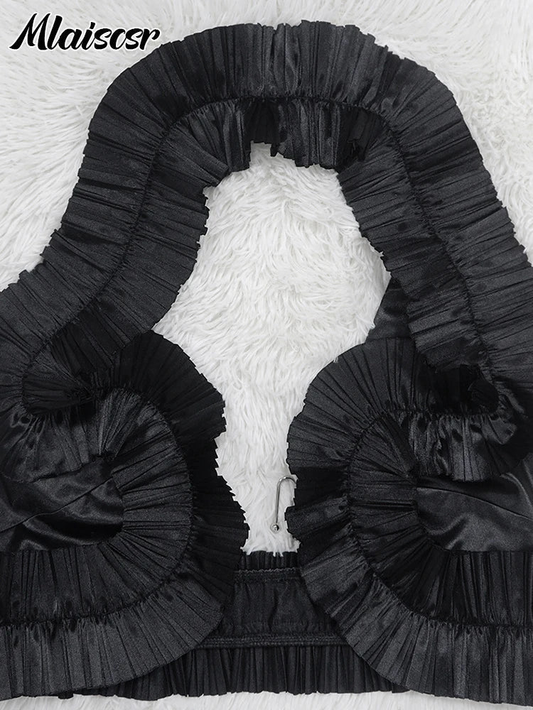 Mlaiscsr Elegant Pleated Ruffle Black Dress Set for Women Sexy Crop Top and Split Skirts Two 2 Piece Matching Club Prom Outfits