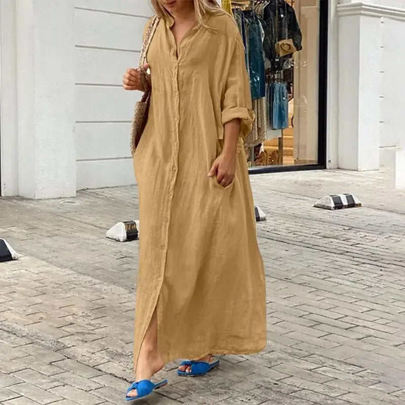 2024 Spring Cotton Linen Oversize Women Dress Long White Button Loose Dresses Female New Casual Trendy Elegant Ladies Clothes