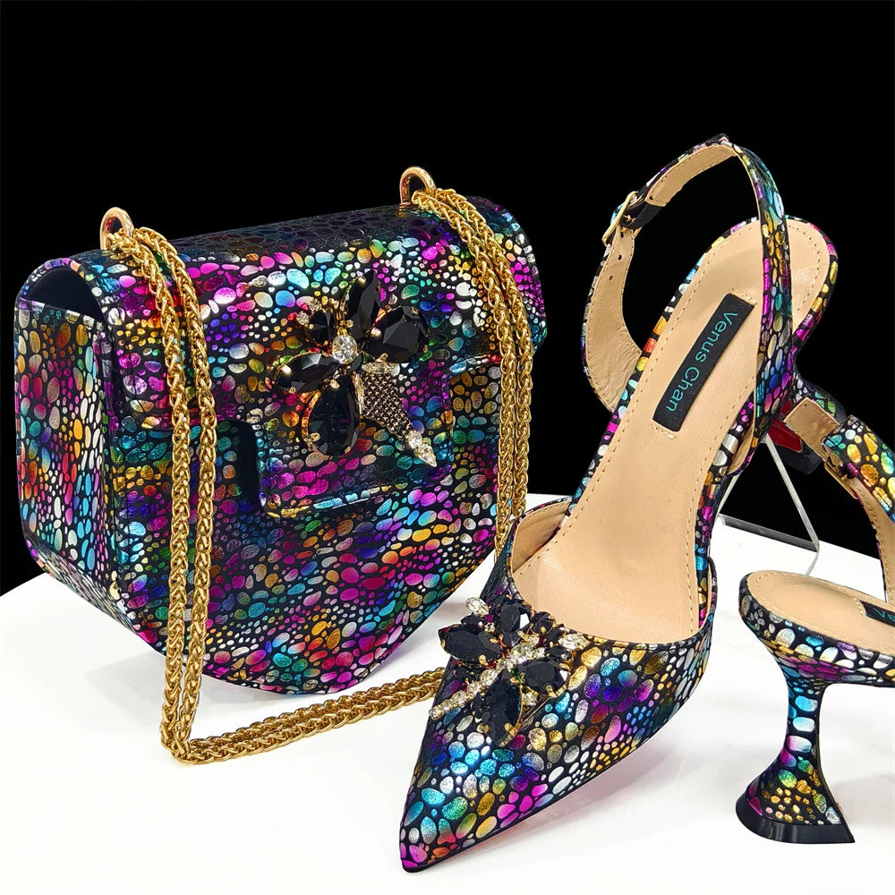 2024 Champagne Color Thin Heels Pointed Toe Crystal Design Ladies Shoes Matching Bag Set For Women Weeding Party Pump
