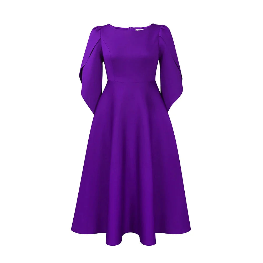 Elegant Dress Woman 2024 Wedding Party Round Neck Half Sleeve High Waisted Pleated Mid Calf Luxury Birthday Dinner Vestidos Robe