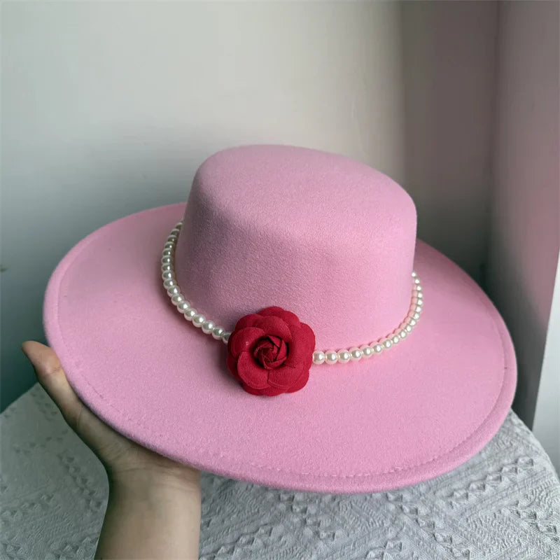 Women's Fashionable Fedora Hat 10CM Wide Brim Flat Top Felt Hats For Wedding And Jazz