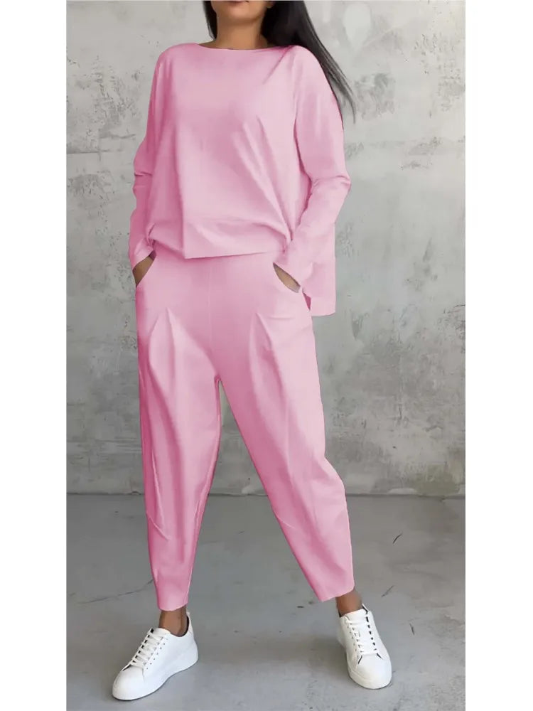 Spring Autumn Solid Women's Sports Set New Fashion Long Sleeve Irregular Loose Top Harem Pants Two Piece Set For Women Outfits