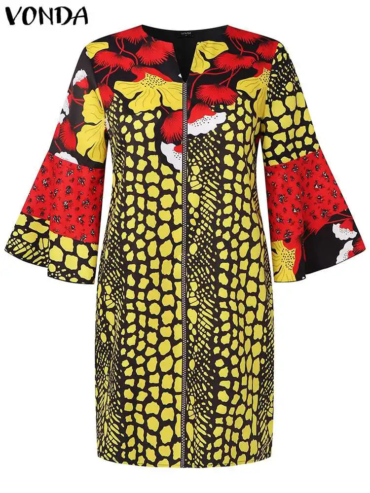 Plus Size 5XL VONDA Women Bohemian Printed Dress 2025 Summer Short Dress Flare Sleeve Party Sundress Casual Vestido Robe Femme
