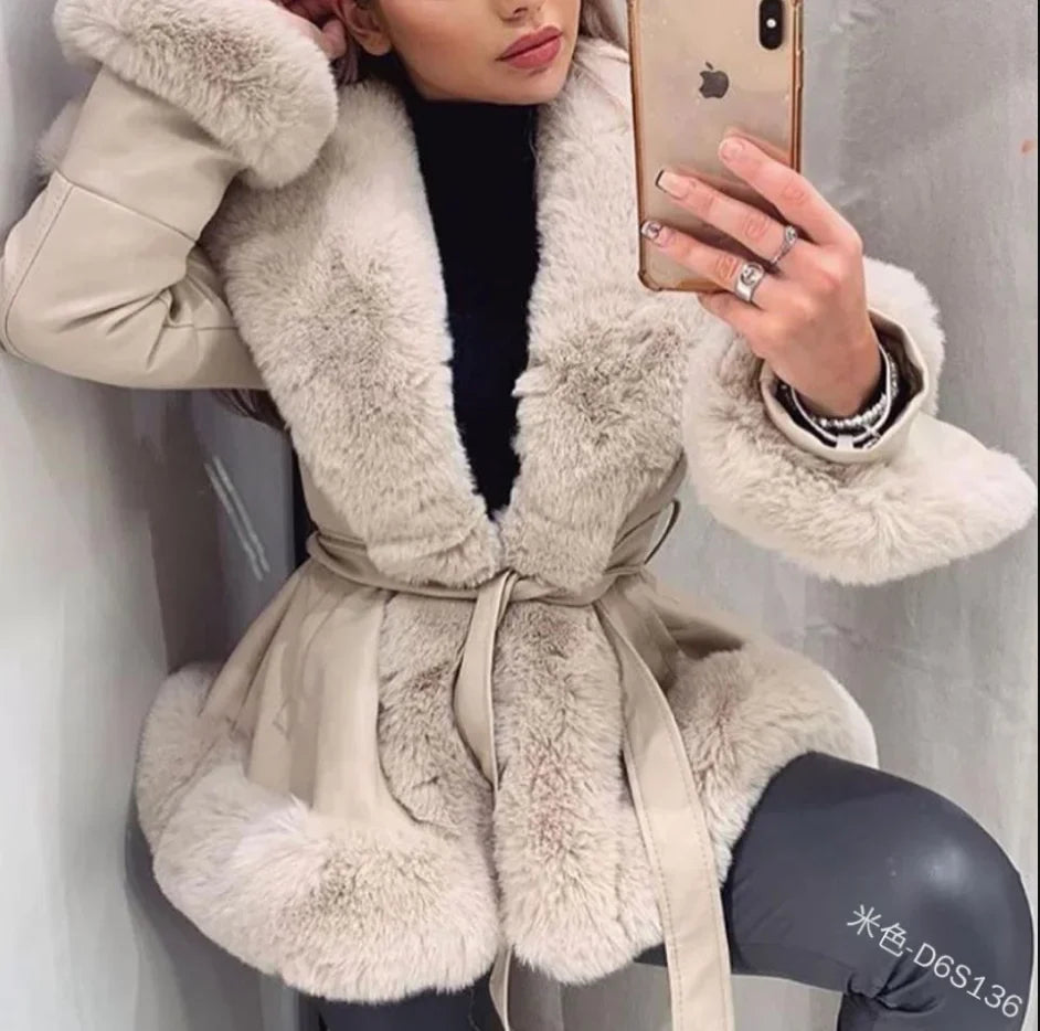 Women's Casual Warm imitation Rabbit Hair Patchwork Leather Jacket