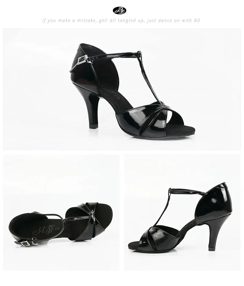 BD Dance Shoes Professional Women Satin Latin Shoe Ladies Sandal Latin Dancing Shoes Soft Leather Sole High Heel  T Bar