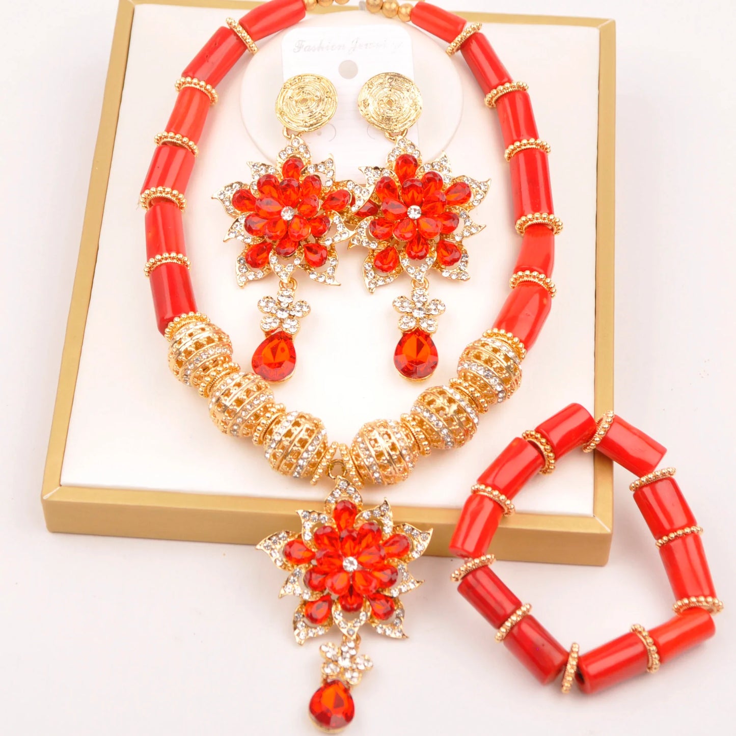 splendid orange nigeria coral beads necklace african jewelry set bridal wedding jewelry sets C21-23-01