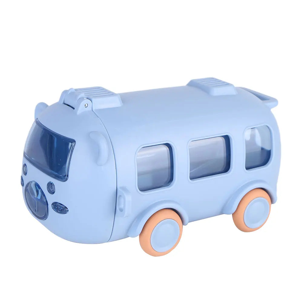 500ML Bus Shape Cartoon Water Cup with Movable Wheels & Strap Plastic Drinking Bottle Leakproof for Home Travel School