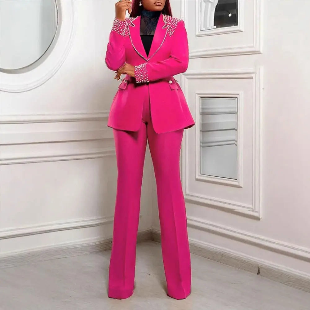 CM.YAYA Fashion Pearl Splicing Women's Set Long Sleeve Blazer and Wide Leg Pants Suit 2024 Winter OL Fall Two 2 Piece Set Outfit