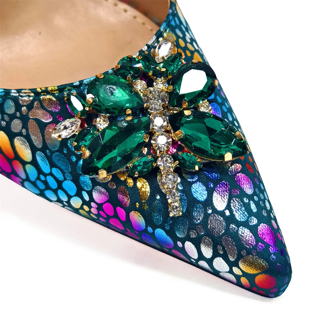 2024 Champagne Color Thin Heels Pointed Toe Crystal Design Ladies Shoes Matching Bag Set For Women Weeding Party Pump