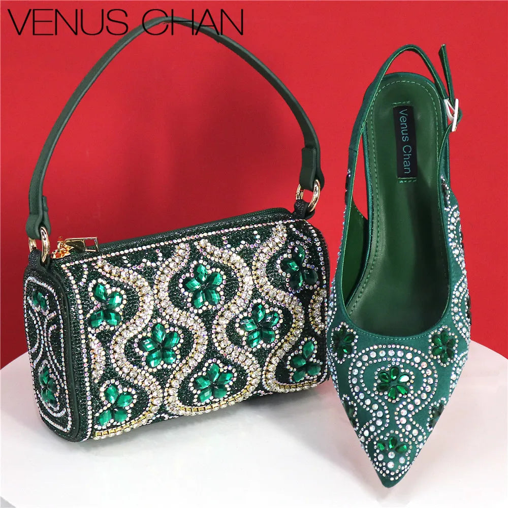 Elegant And Sexy Fuchsia Color High Heels Shoes And Bag With Rhinestone Embellished Toe Is Comfortable Women's Shoes For Party