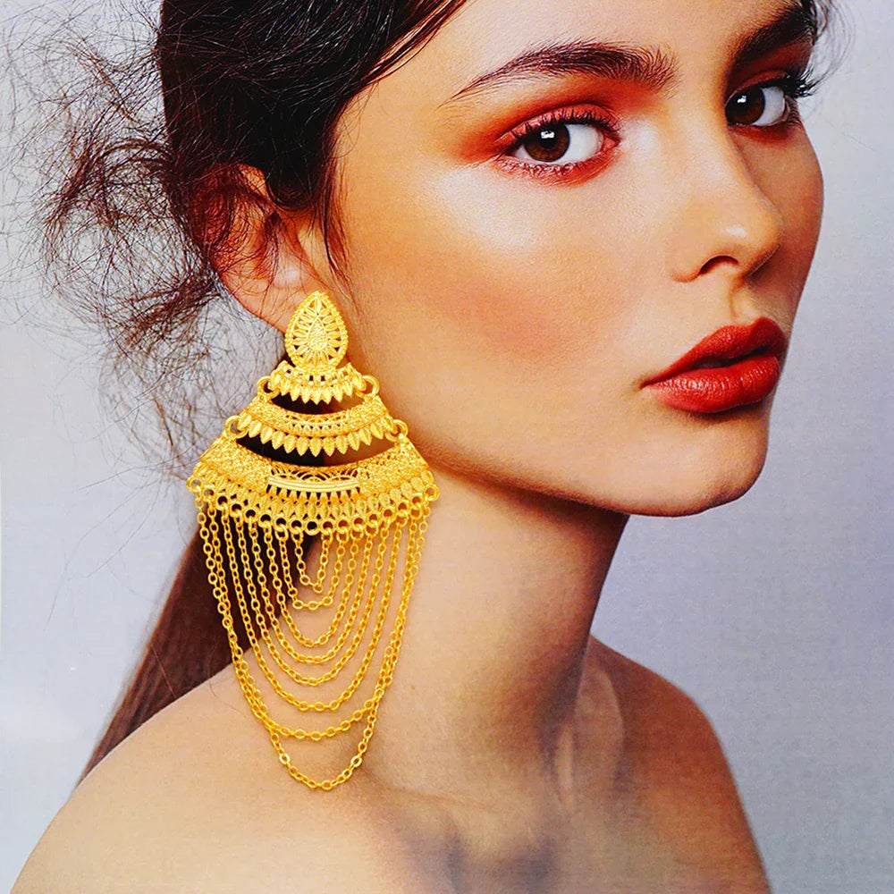 Luxury African Gold Color Tassel Drop Dangle Earring For Wedding Party Jewelry Dubai Arabic Indian Copper Long Hanging Earrings