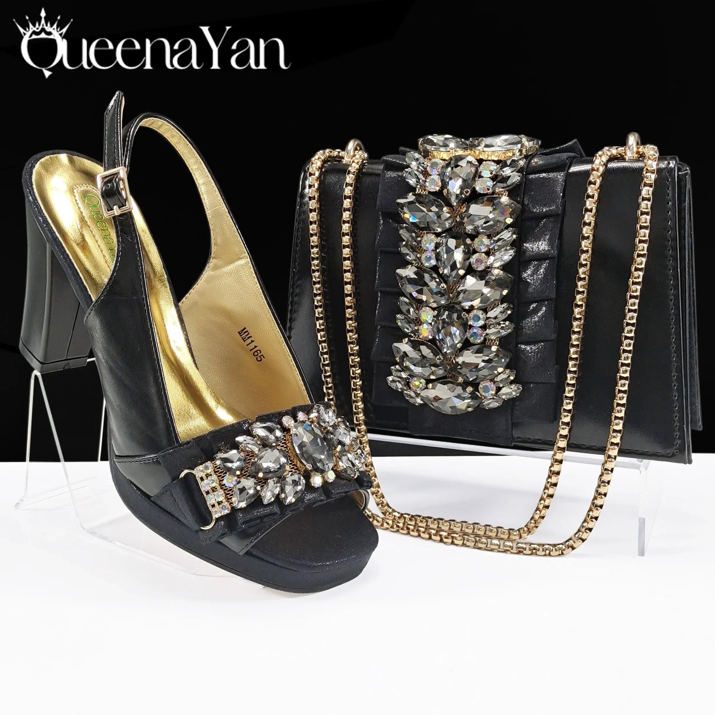 Queena Yan Spot goods 2025 INS Green Color Elegant Women Shoes and Bag Set Decoration Rhinestones Women High Heels Shoes