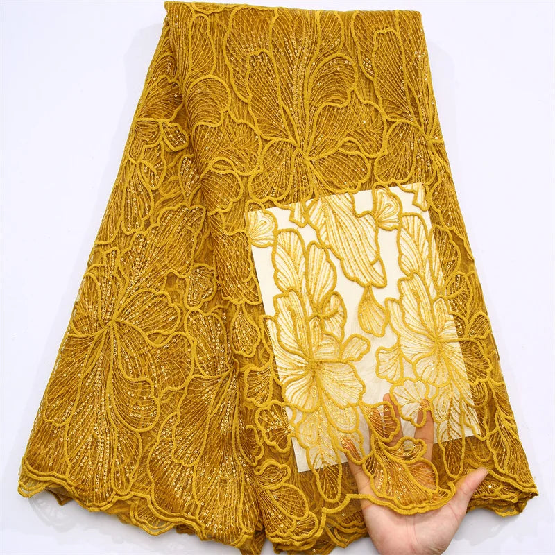 African Milk Silk Mesh Lace with Sequins 2025 French Net Lace Fabric Sewing Embroidered Lace Tulle Nigerian Women Wedding Dress