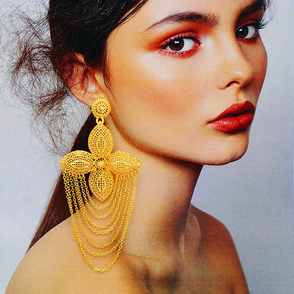 Bohemia Long Tassels Earrings African Dubai Gold Color Drop Earrings For Women Pendant Stud Earrings Wedding Jewellery Gifts