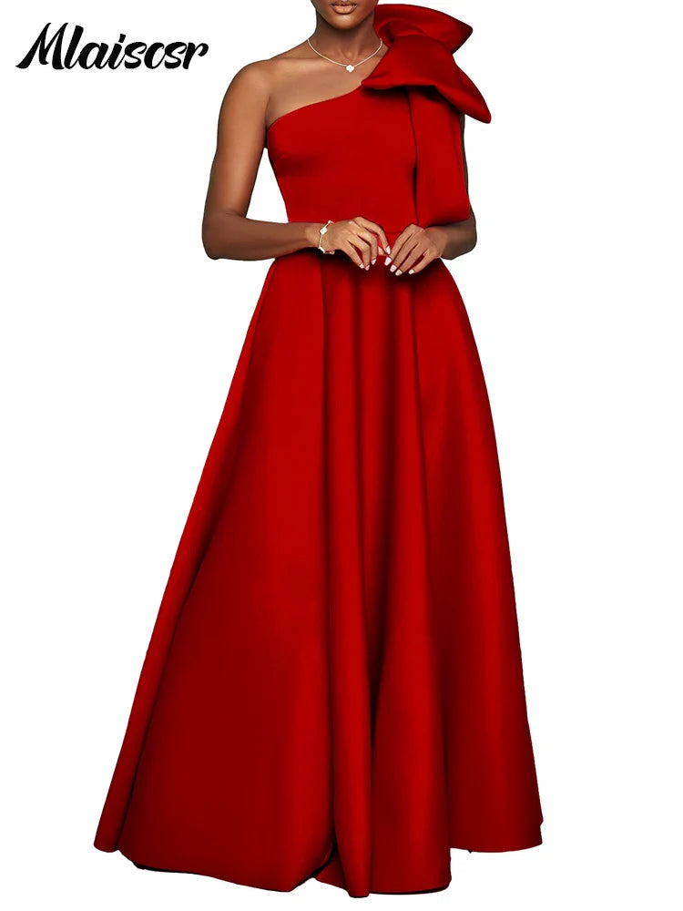 Mlaiscsr Slash Collar One Shoulder Big Bow A-Line Evening Dresses Women Elegant Red African Pleated Wedding Party Birthday Robe