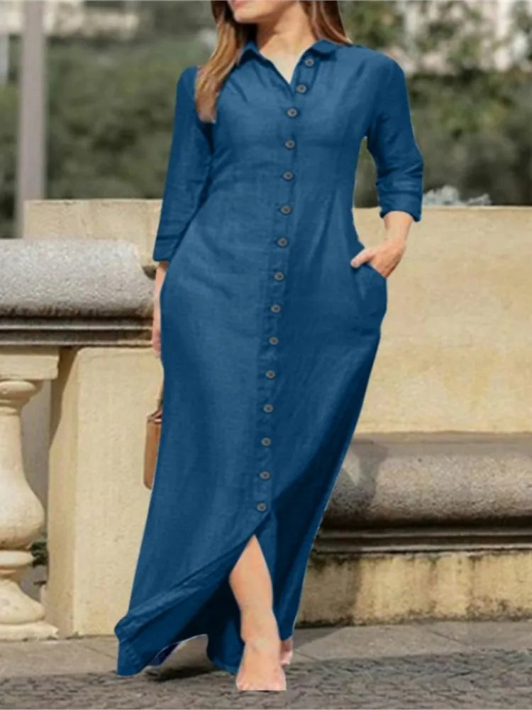 Elegant Long Dress For Women Spring Autumn Long Sleeve Solid Color Cotton And Linen Shirt Dresses Casual Button Dress Robe Femme