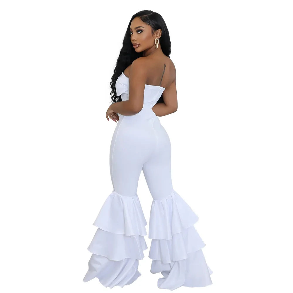 Jumpsuits Strapless Women Sleeveless Sexy Rompers One Piece Overalls Slim Fit Long Pant Ruffles Patchwork Elegant Lady