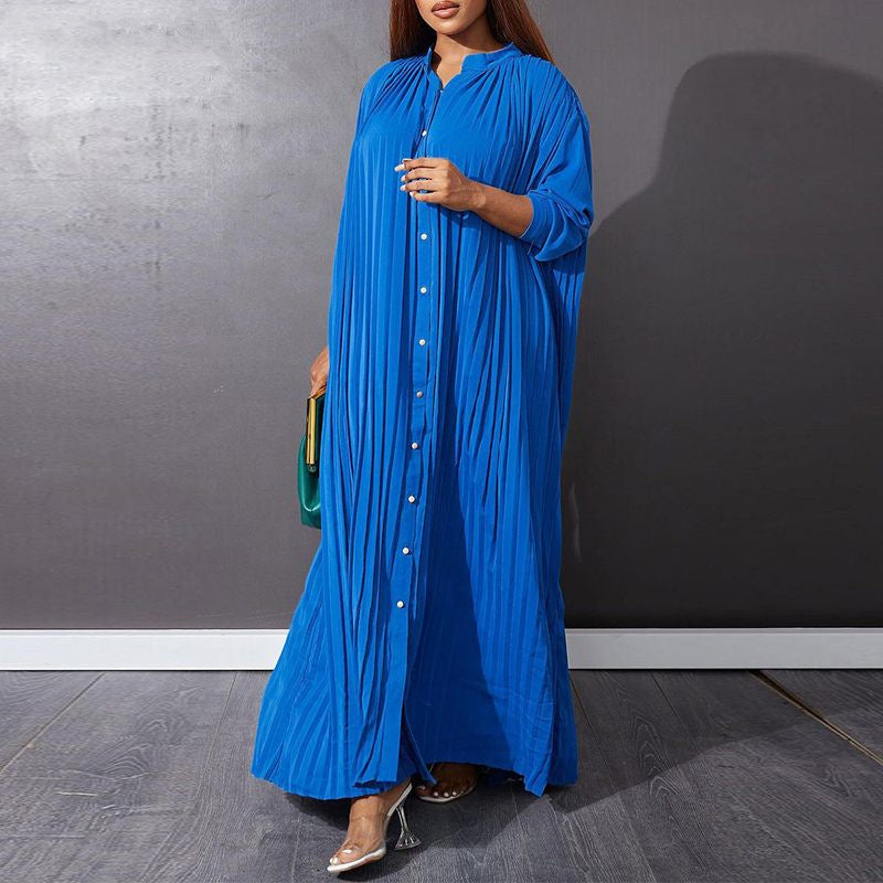 Autumn and Winter Fashion New Women's Loose Round Neck Single Breasted Pleated Temperament Obese Women's Long Sleeved Dress