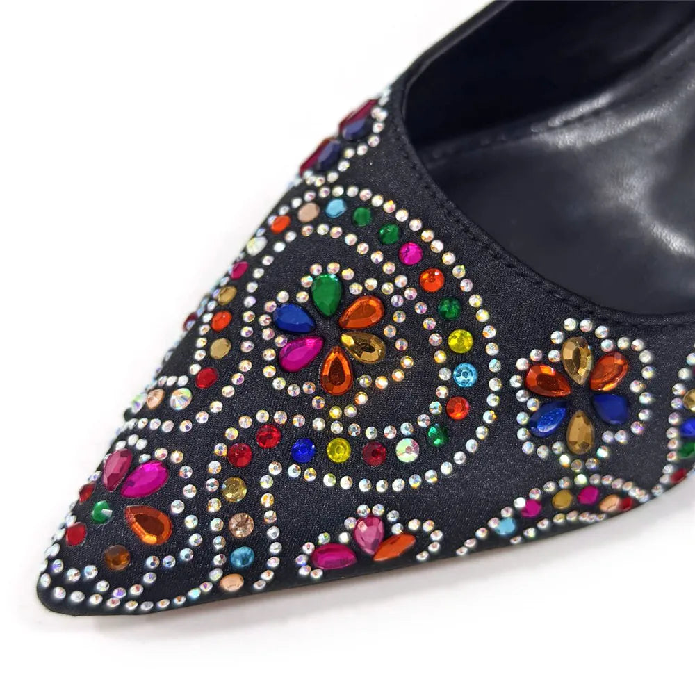 Elegant And Sexy Fuchsia Color High Heels Shoes And Bag With Rhinestone Embellished Toe Is Comfortable Women's Shoes For Party