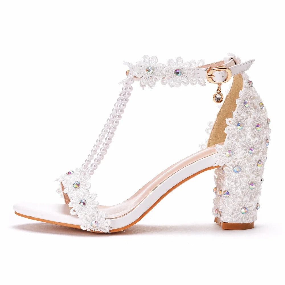 Plus Size 34-43 Shoes for Women Summer Lace Flower Sandals Peep Toe Fashion String Bead High Heel Party Wedding Evening Shoes