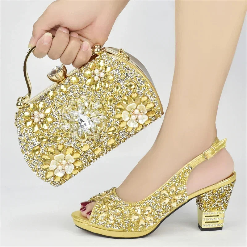 Italian Shoes and Bags Matching Set with Rhinestone Plus Size Shoes Luxury Italian Shoe and Bag Set 2025 Wedding Shoes Bride