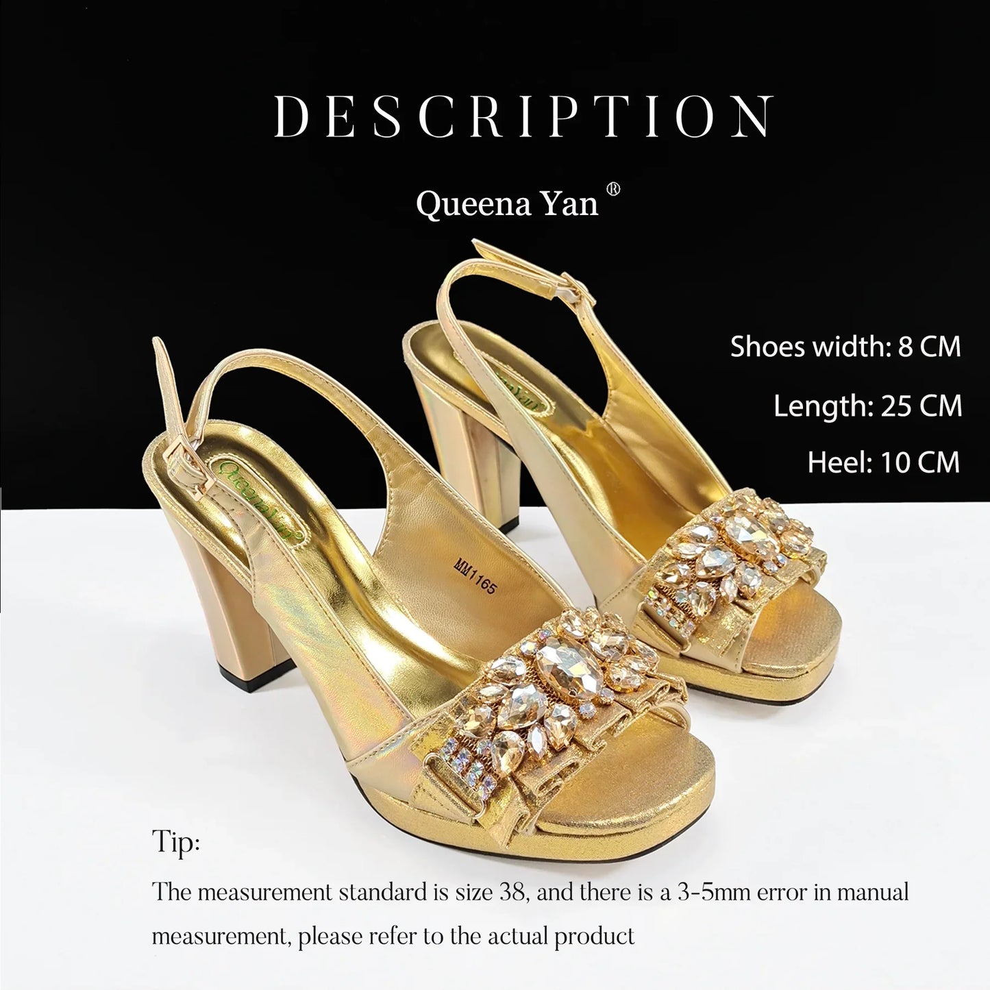 Queena Yan Spot goods INS Gold Color Elegant Women Heels Shoes and Bag Set Decoration Rhinestones Women High Heels Shoes