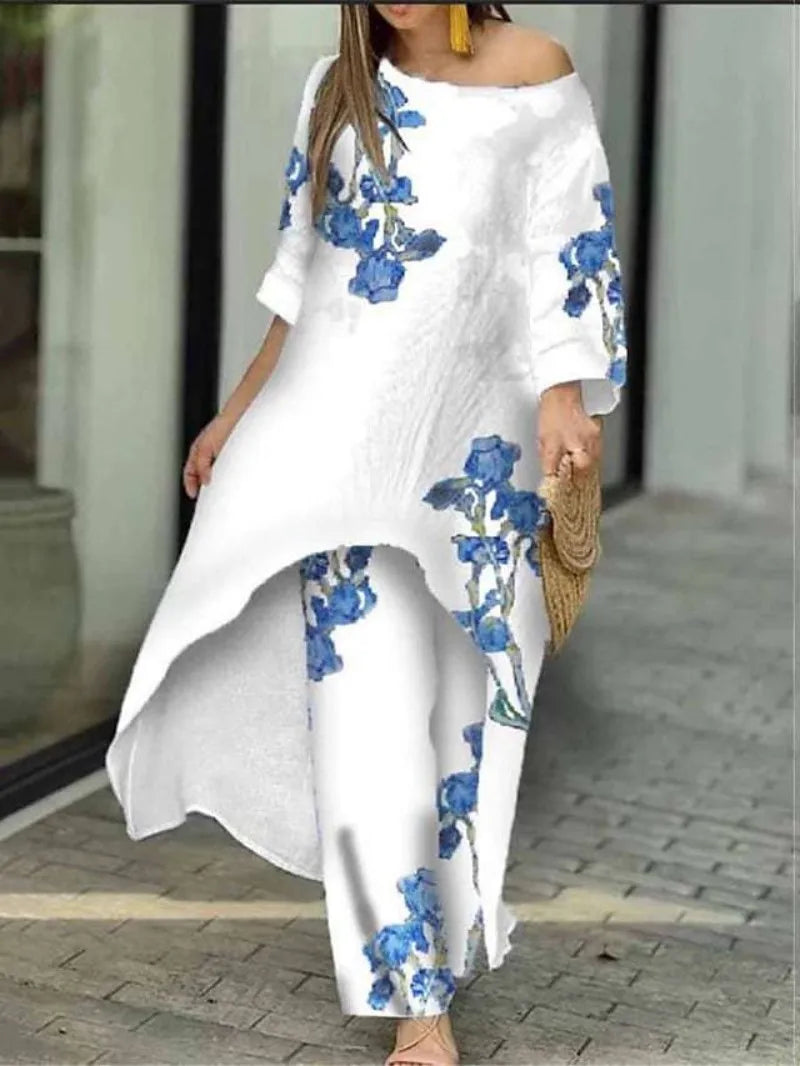 Women's Fashion Spring/Summer Casual Loose Irregular Printed Nine Sleeve Round Neck Shirt High Waist Wide Leg Pants 2-piece Set