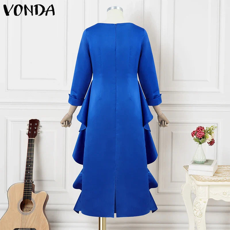 Plus Size 5XL Bohemian Maxi Long Dress 2025 VONDA Women Elegant Satin Dress Ruffle Sundress Casual Vestidos Solid Color Robe