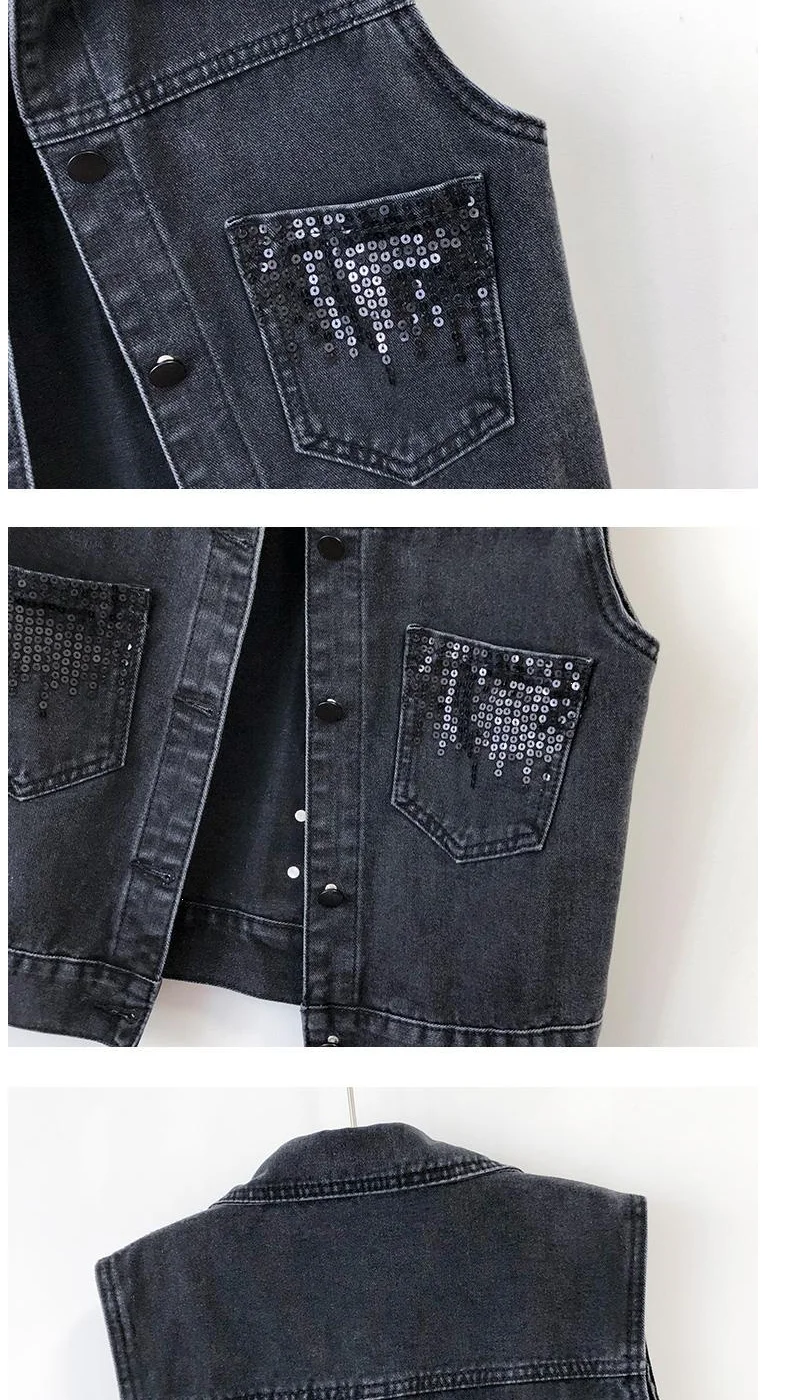 2024 Fashion Design Sequins Denim Vest Summer Autumn Women's Waistcoat Korean Leeveless Denim Jeans Jacket Female Vest Tops