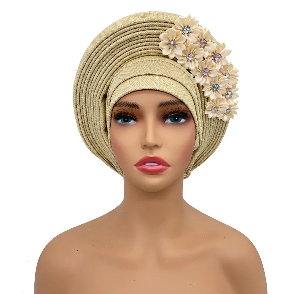 2024 New African Headtie Turban Nigeria Head Ties with Flowers Already Made Auto Gele Women Head Wraps for Wedding Party