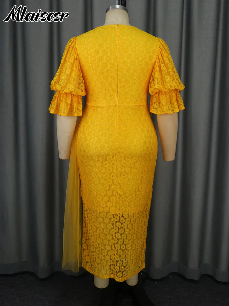 Mlaiscsr Yellow Birthday Prom Floral Lace Puff Sleeve See-Through Midi Dresses Elegant Sweet Wedding Guest Cocktail Vestidos New