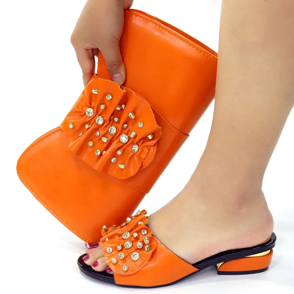 2024 Latest Italian Design Fashion African Women's Low Heel Comfortable Shoes and Bags Set Leather Casual Ladies Slippers