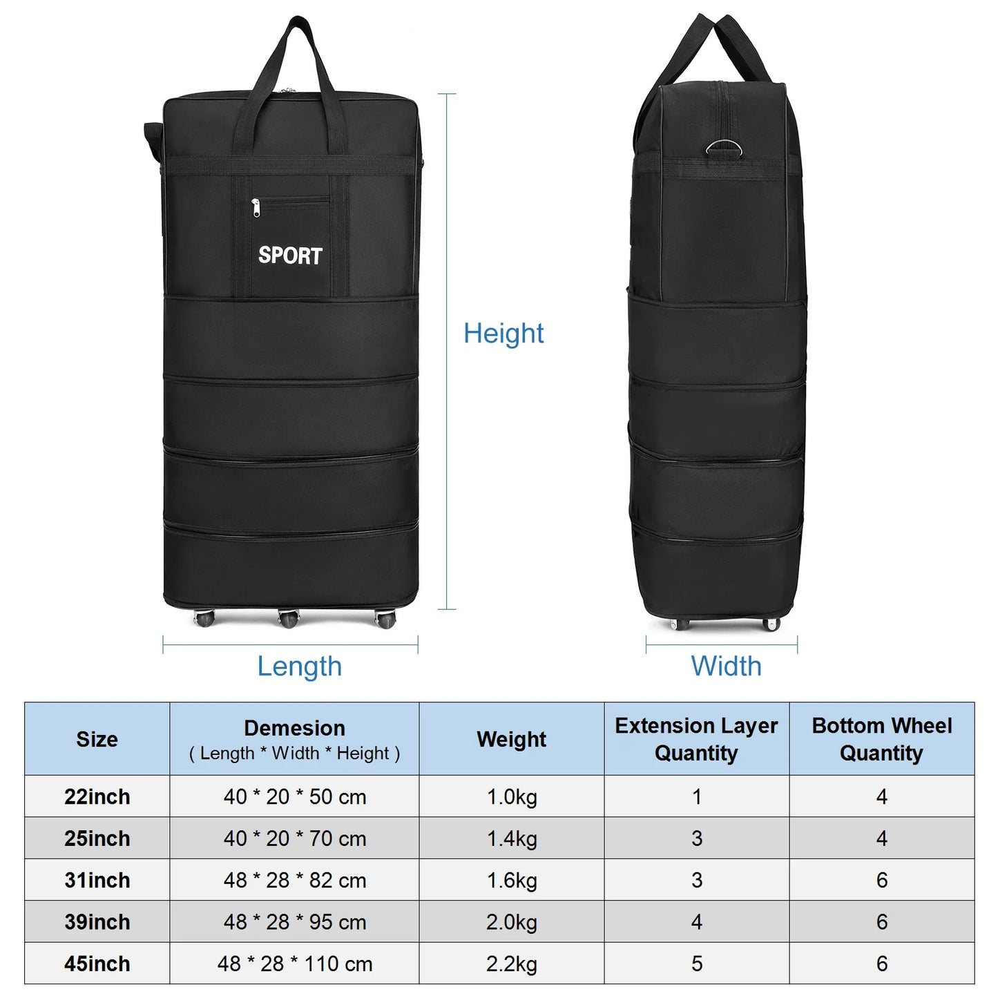 Waterproof Portable Travel Rolling Suitcase Air Carrier Bag Unisex Expandable Folding Oxford Suitcase Bags With Wheels