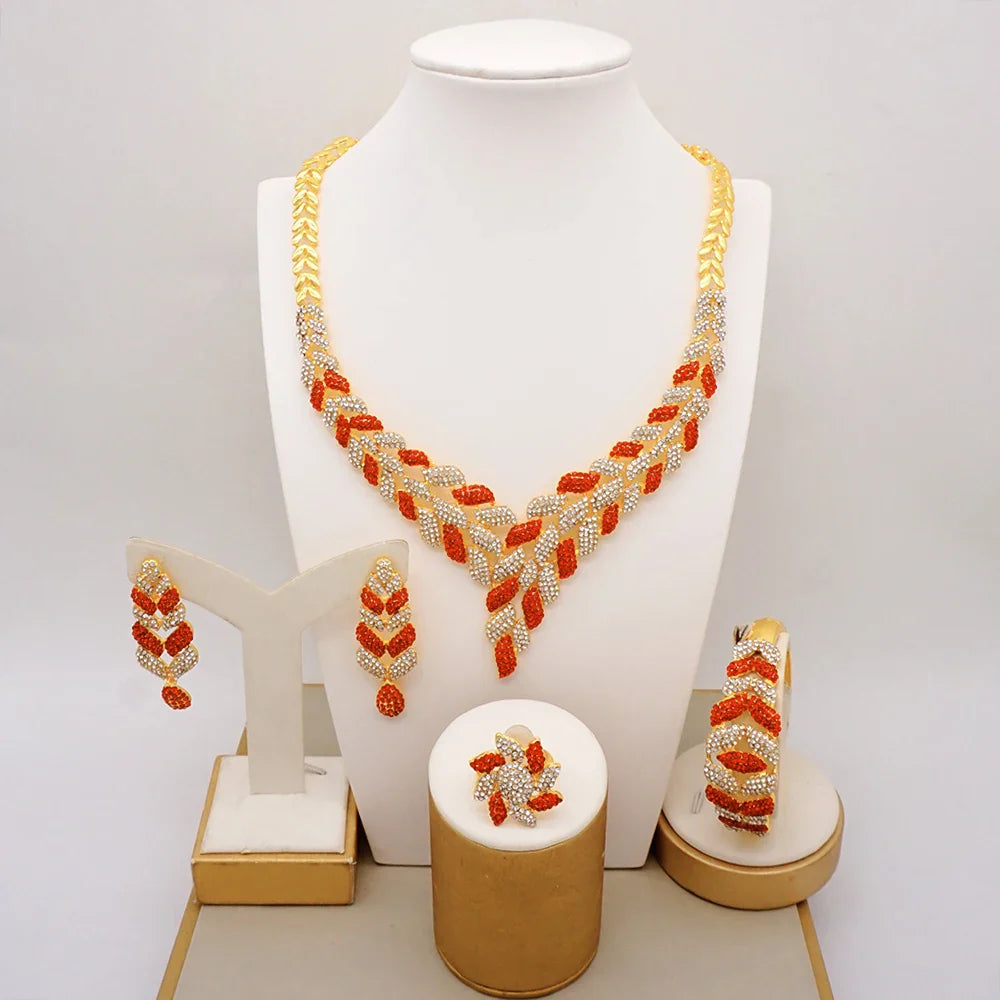 Latest Italian Dubai Gold Color Ladies Full Crystal Necklace Jewelry Set Simple Ring Bracelet Earrings African Jewelry Wedding