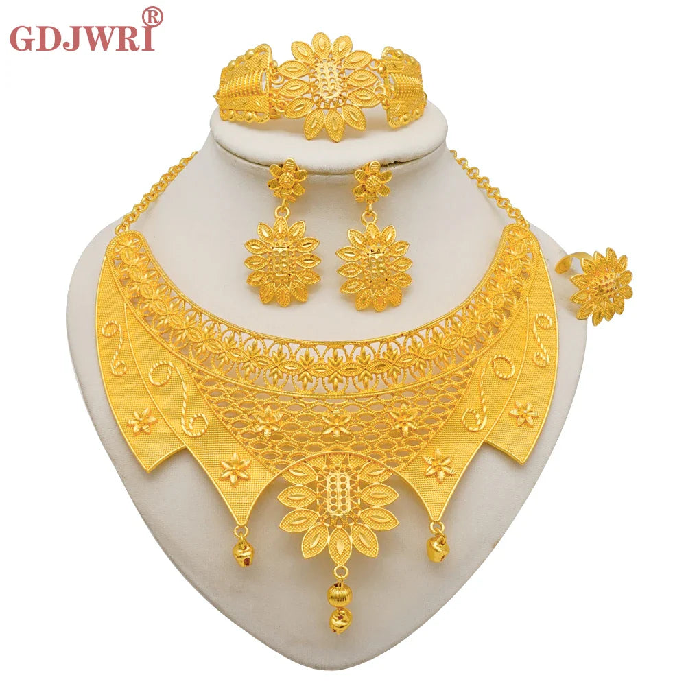 Indian Dubai Gold Color Jewelry Sets For Women Earring & Necklace Nigeria Moroccan Bridal Wedding Party Gifts