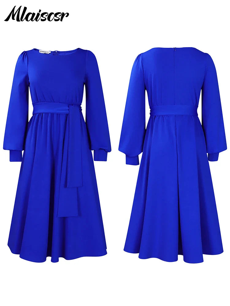 Mlaiscsr Elegant Dinner Prom Yellow A Line Mid Dresses Women O Neck Full Sleeve Belt Waisted Pleated  Female Birthday Party Robe