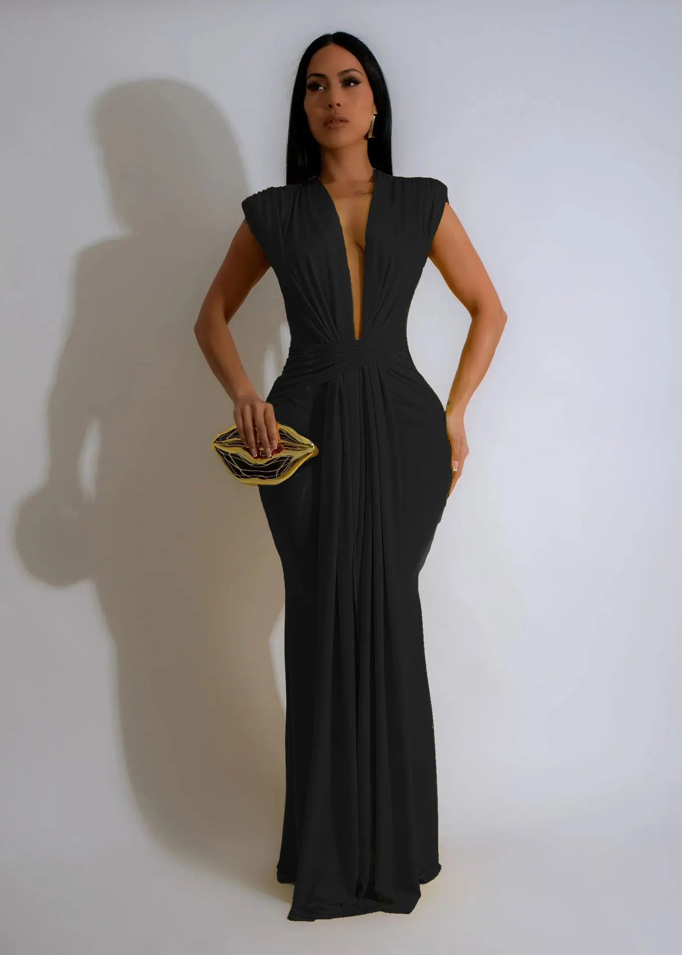CM.YAYA Women Sleeveless Ruched Deep V-neck Long Maxi Dress 2024 Street Evening Birthday Night Club Party Vestidos Sexy Dresses