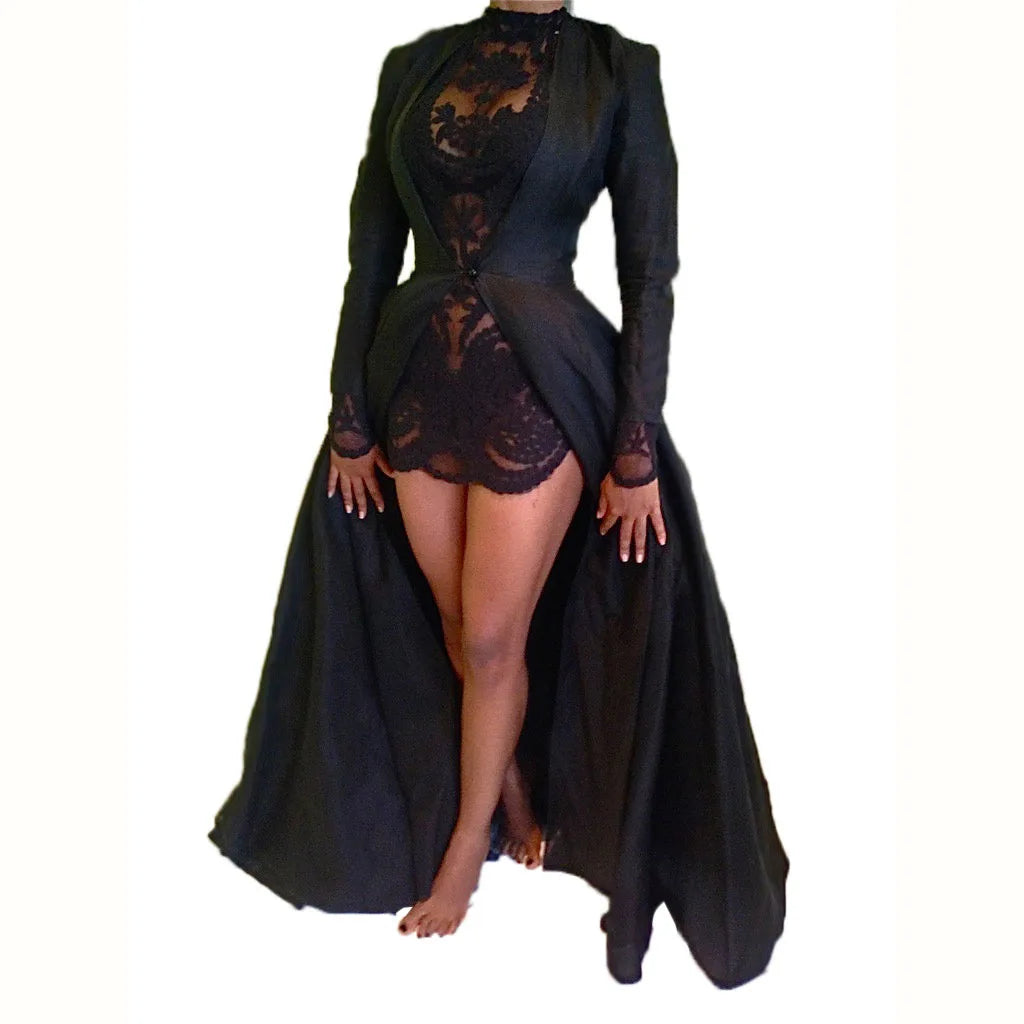 Women Sexy Dress Two Piece Sets Lace Hollow Out Spliced Long Dresses Full Sleeve Tight Waist Gown Evening Vestidos Party Prom