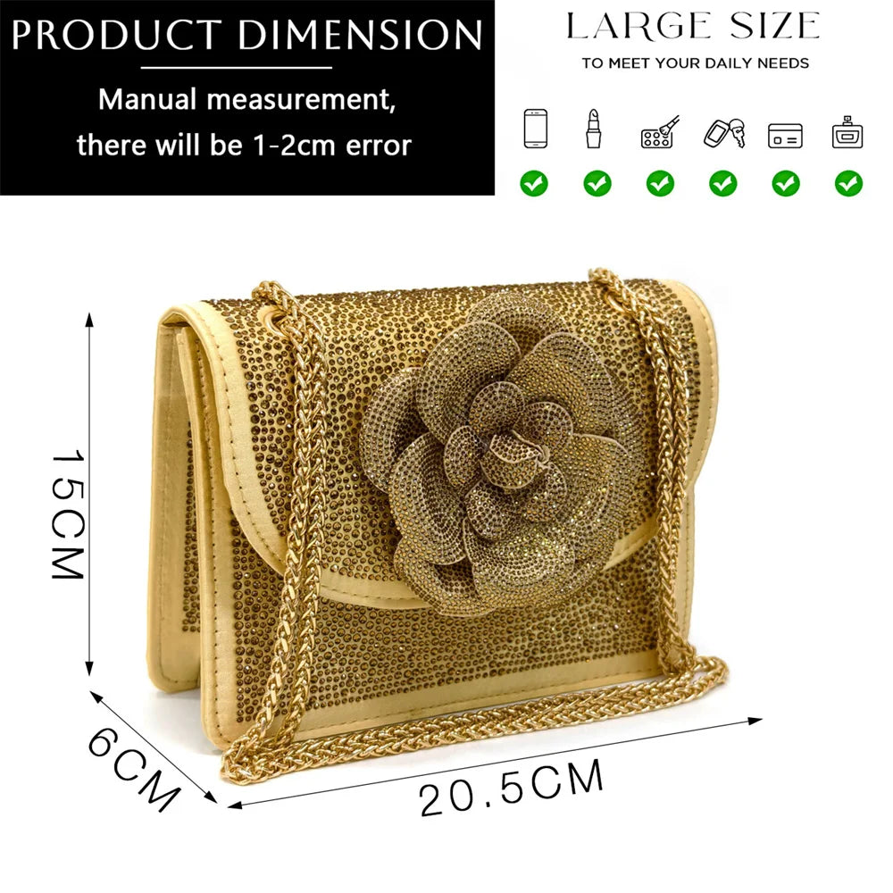 Women's Pointed-Toe Large Flower Decoration Rhinestone Low Heel Italian Shoes and Bags Set