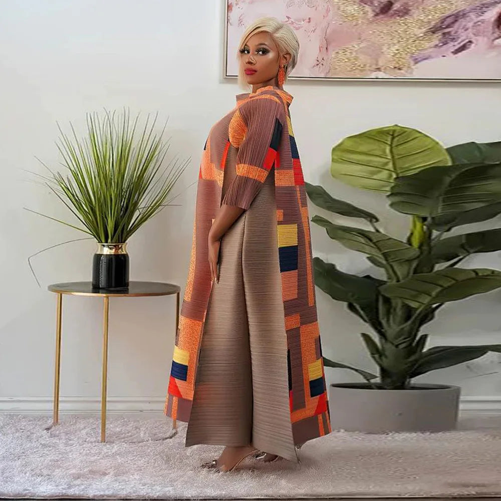 2023 Fashion African 3/4 Sleeve Polyester Plus Size O-Neck Pleated Long Dress Dashiki African Clothes African Dresses for Women