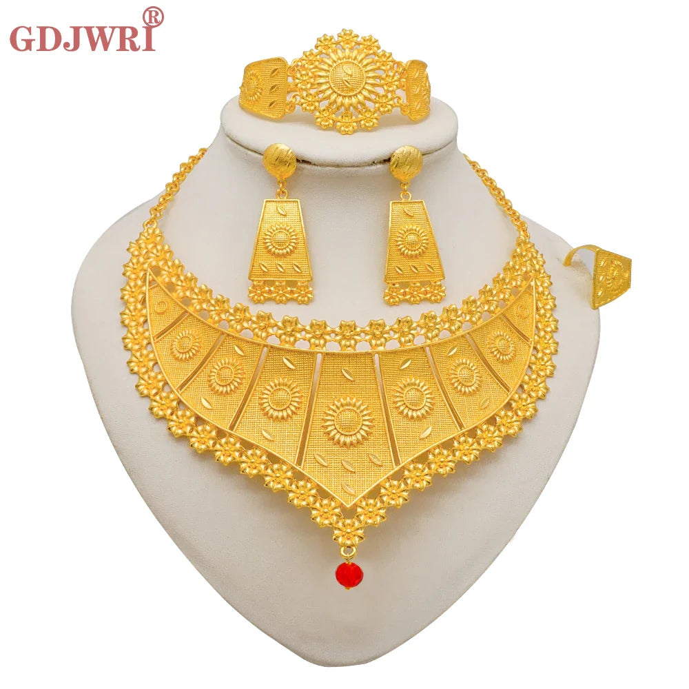 Indian Dubai Gold Color Jewelry Sets For Women Earring & Necklace Nigeria Moroccan Bridal Wedding Party Gifts