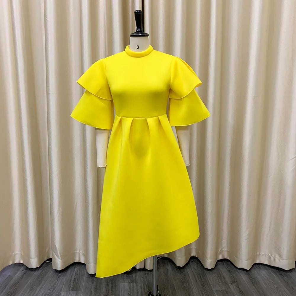 Elegant Party Dresses for Woman 2024 New O Neck Ruffles Sleeve High Waisted Asymmetric Mid Calf Luxury Birthday Dinner Vestidos