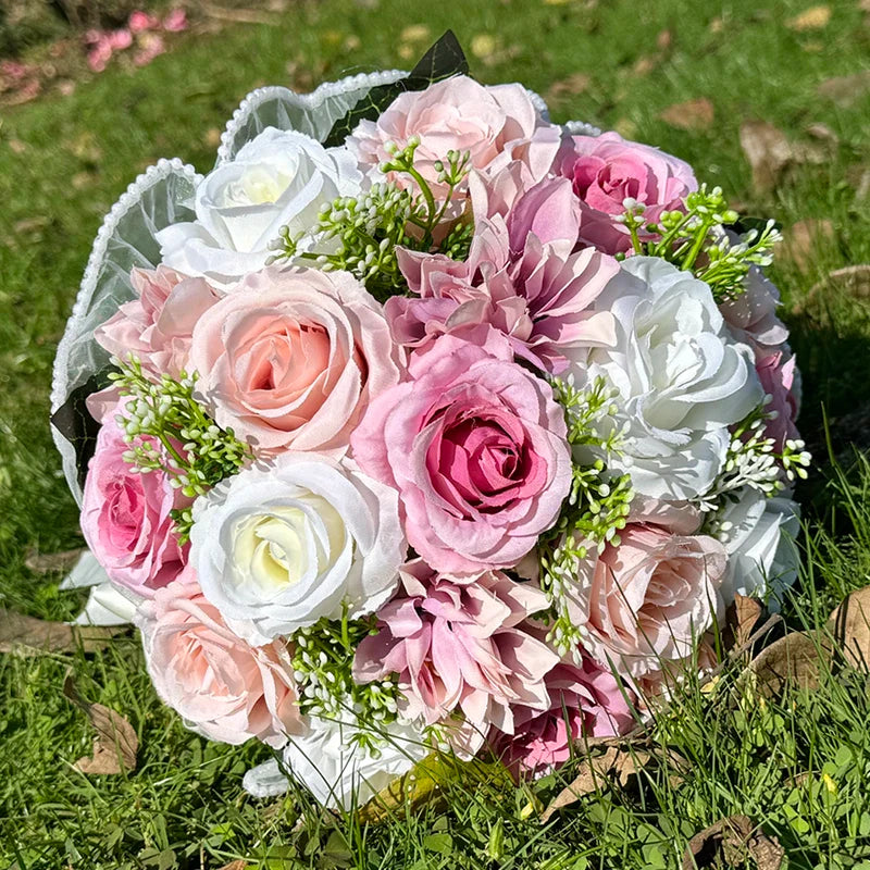 Wedding Bouquets for Bride Babysbreath Rose Bridesmaid Bouquets Silk Ribbon Valentine's Day Decoration Pearl Lace Mesh Ball Gift