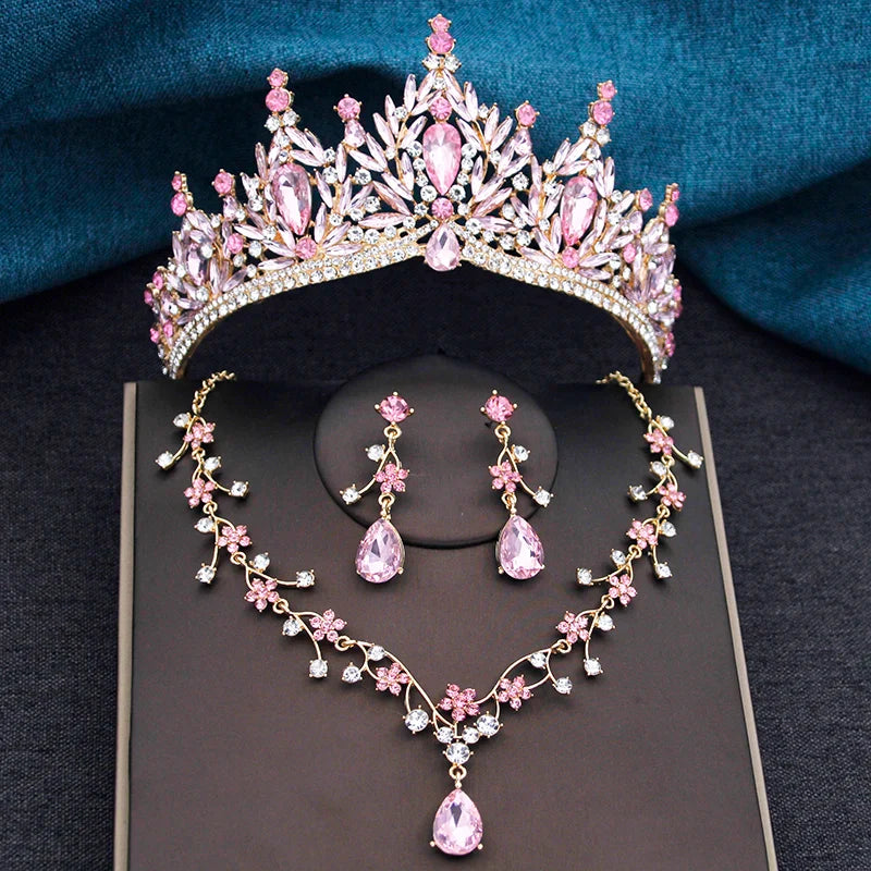 Baroque Wedding Crown for Bride 3-pack Tiara Earrings Necklace Bridal Jewelry Set Champagne Crystal Costume Party Birthday Gift