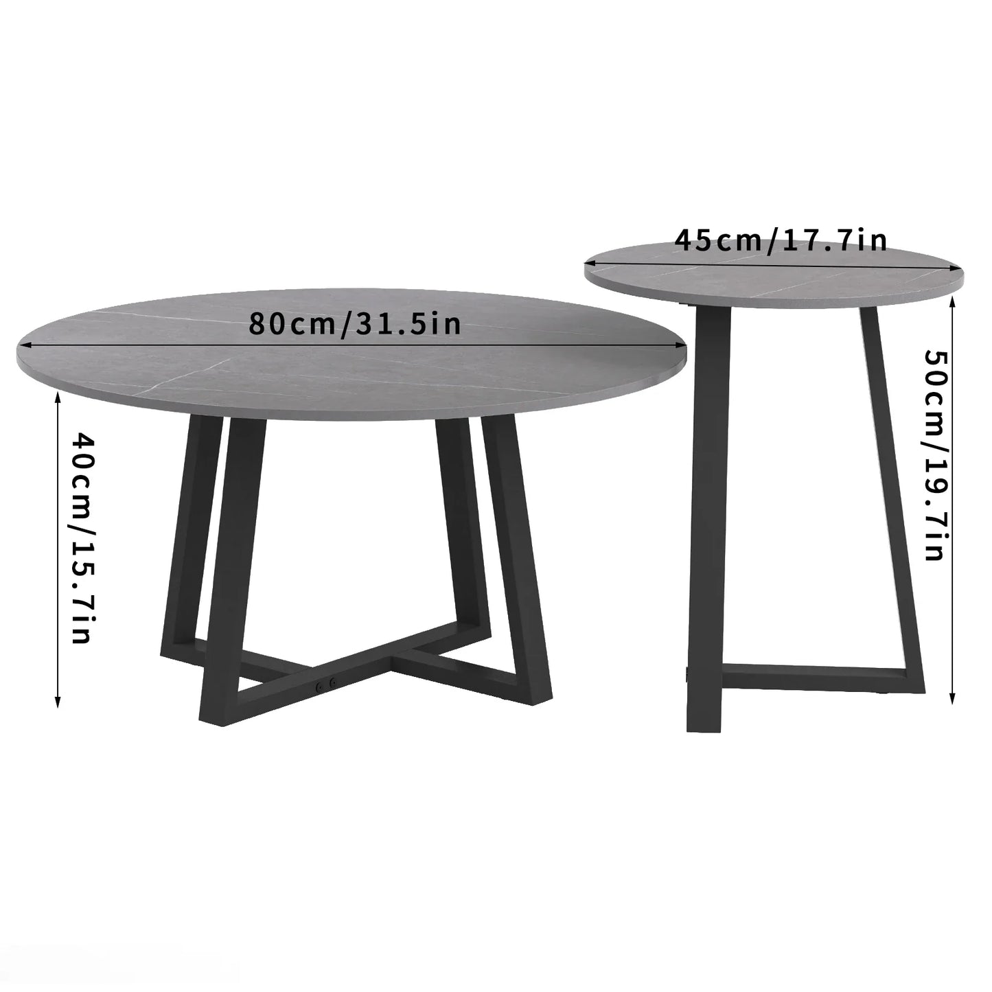 Modern Nesting Coffee Table, Round Accent Cafe Table, Side End Table, Grey Sintered Stone, Metal Frame, Set of 2