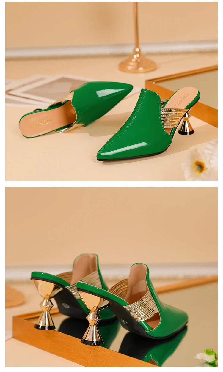 High Heel Slippers Pointed Toe Shoes Woman Elegant Mules Shoes Women Black Green Metal Heel Outdoors Womens Slippers Big Size